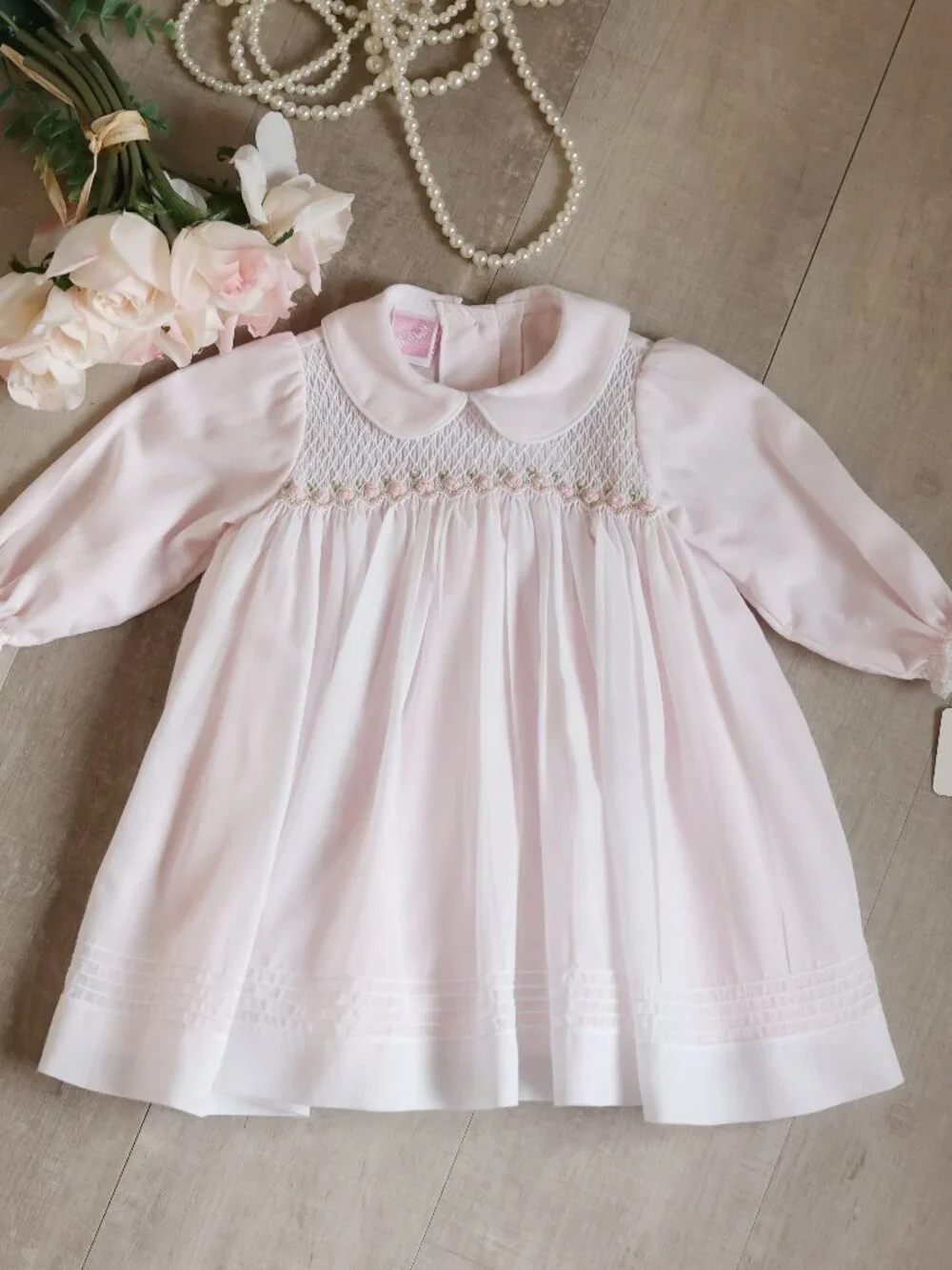 White Smocked Heirloom Dress Bullion Roses Pearls Pintucks Special Occasion 6M